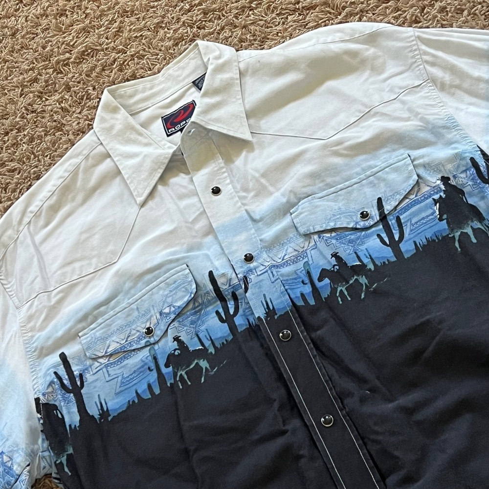 Roper Mens Western Pearl Snap Shirt Desert Cowboy Graphic Black White Blue Large